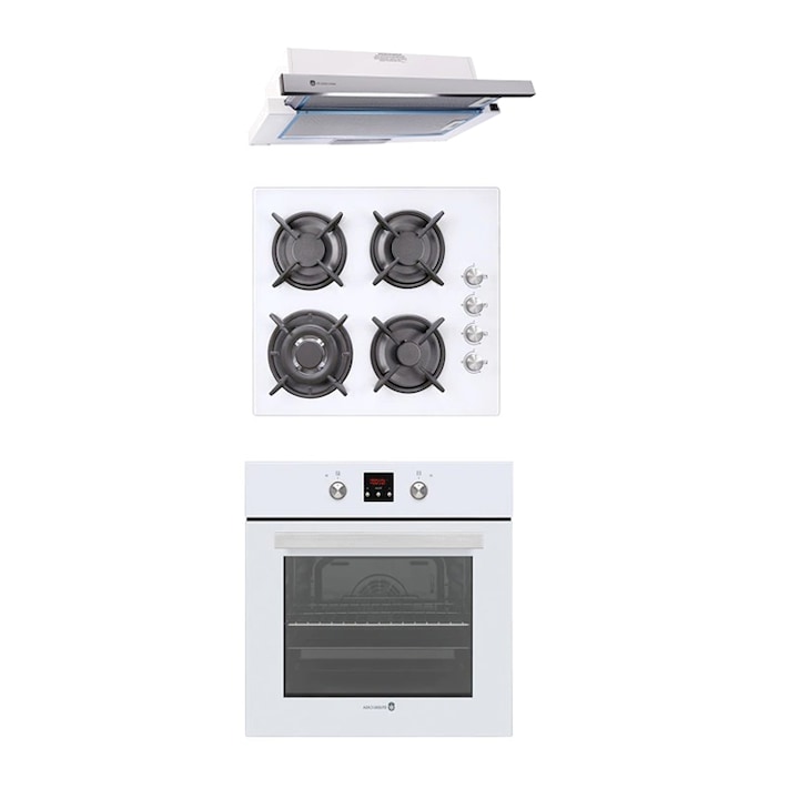 Pachet incorporabil Studio Casa Cristal Modern, Cuptor electric multifunctional, cristal alb plus Plita gaz 4 arzatoare, cristal alb plus Hota telescopica, Termostat, Programator digital pentru inceputul si sfarsitul coacerii, 8 functii, Alb/ Inox reducere