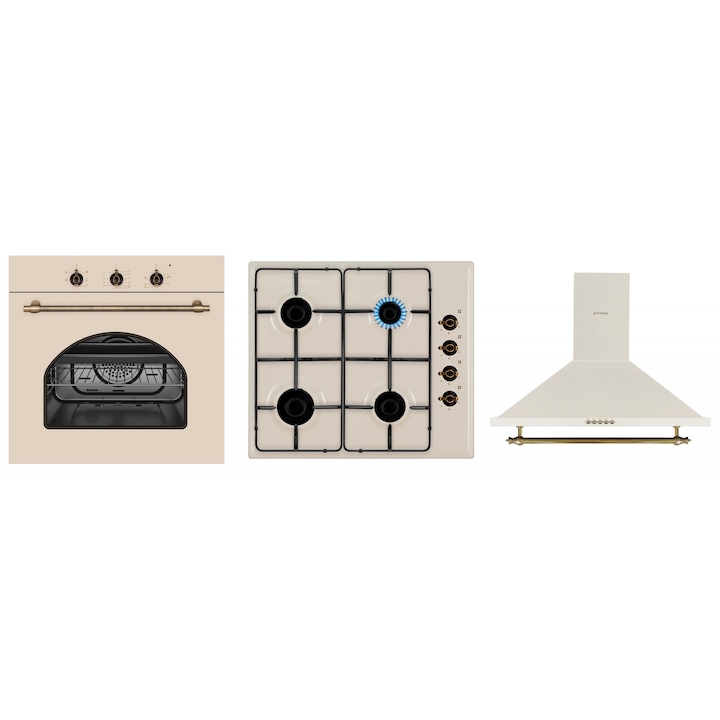 Pachet Pyramis Rustic SMARTLINE Bej PLUS, cuptor electric 5 functii, plita cu gaz si hota decorativa reducere
