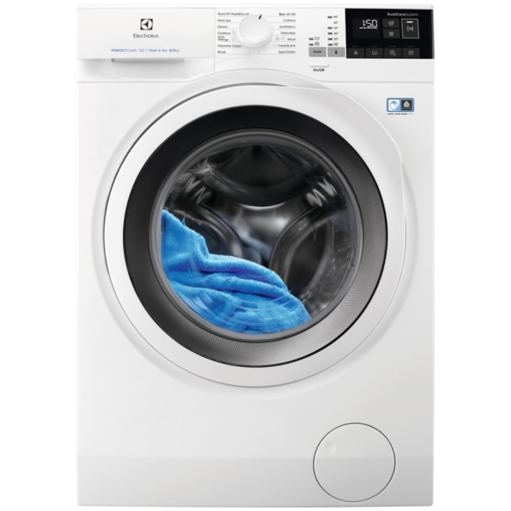 Masina de spalat rufe cu uscator Electrolux EW7WO448W, Spalare 8 kg, Uscare 5 kg, 1400 rpm, Clasa A, Motor Inverter, DualCare, TimeManager, Alb reducere