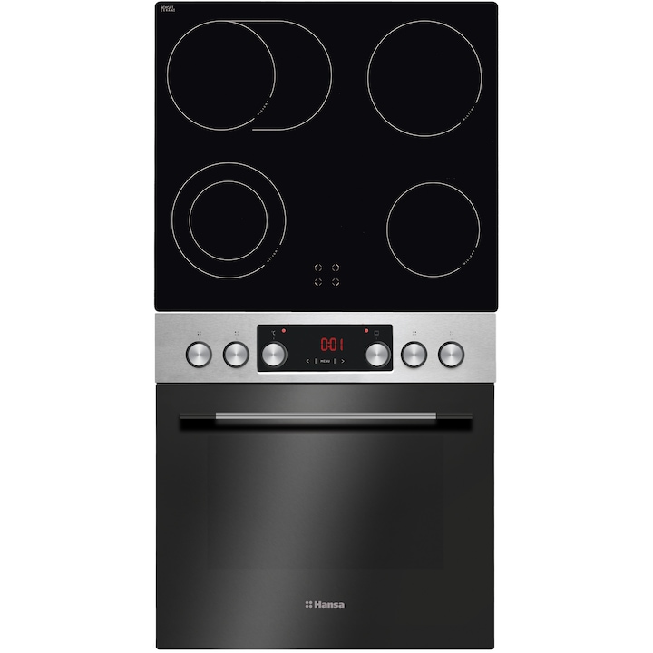 Pachet cuptor incorporabil Hansa BCCI64561, Electric, 65 l, 10 programe, Grill, Clasa A, Negru + Plita incorporabila, Vitroceramica, 4 zone de gatit, 60 cm, Negru reducere