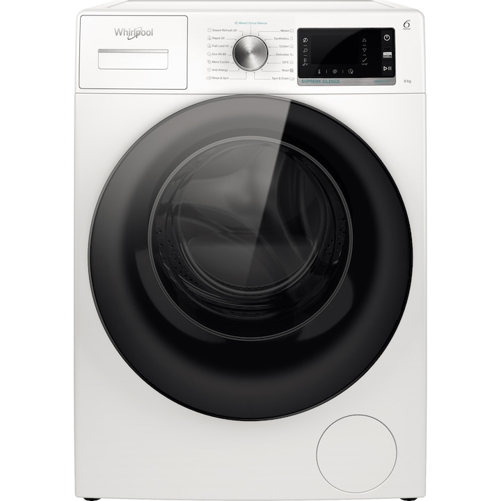 Masina de spalat rufe Whirlpool Supreme Silence W6W945WBEE, 9 kg, 1400 rpm, Clasa B, Al 6-lea Simt, Motor Zen Direct Drive, FreshCare+, Steam Refresh, Steam Hygiene, Display LCD, Alb reducere
